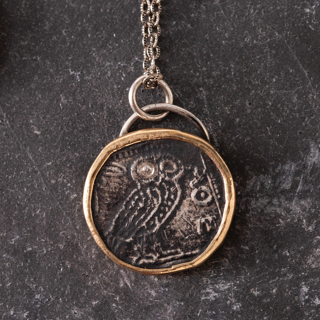 GC5-Athena Owl Coin Pendant w Diamond – Alison Blair Studio