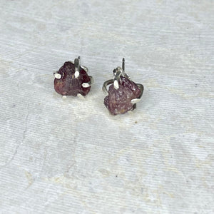 E15- "Ruby Shoes" Raw Ruby Post Earrings w SS Claw Setting