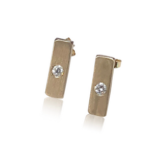 E1 - "Gold Bar Earrings w Diamonds" 14KT Rectangular Diamond Earrings