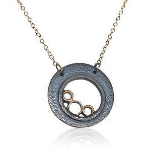 LB1-"Lucky Bubble Necklace 1" Textured and Oxidized Sterling Silver and 14KT Gold Necklace on Gold Chain