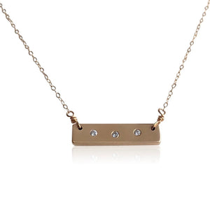 NG1 14kt Gold Bar Necklace w 3 Diamonds; 3/4" x 1/4" Bar; 16" Chain