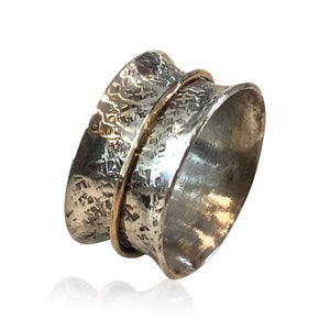 SR1 - Custom Sterling Silver and 14KT Gold Hammered Spinner Ring, Custom Size; Price May Vary